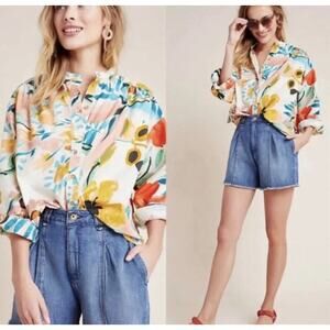 Anthropologie Crisanta Poplin Buttondown Shirt Top Blouse PXS Petite XS Floral
